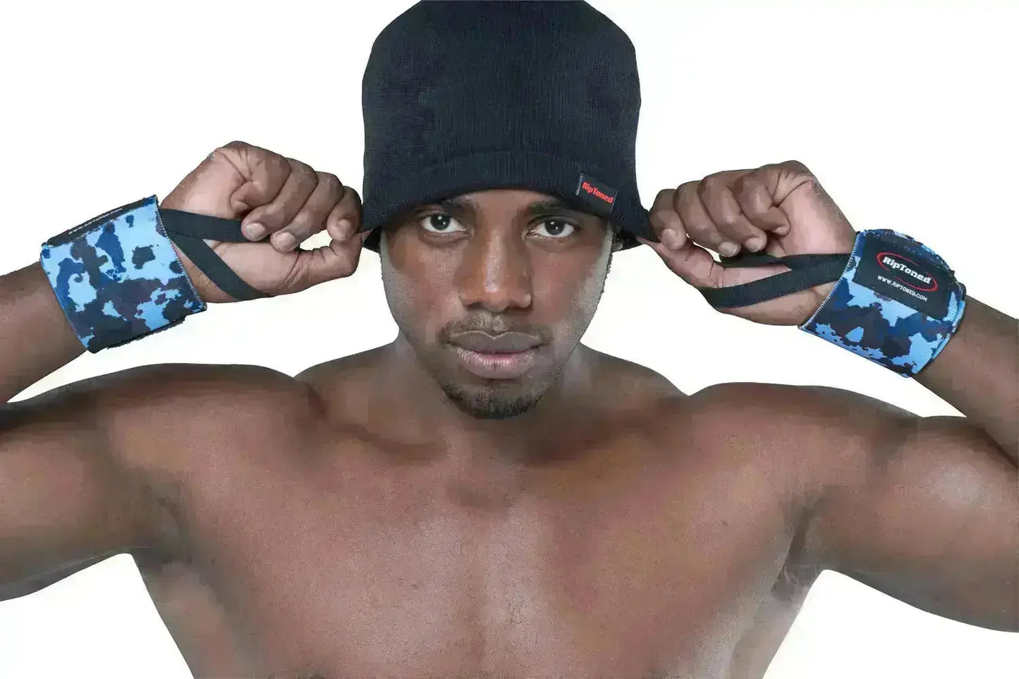 Fitness model demonstrating Rip Toned stiff wrist wraps
