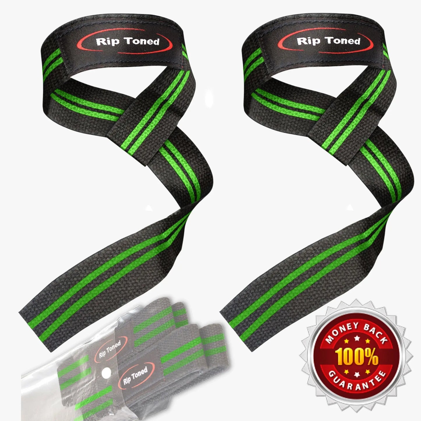 Green & Black Rip Toned lifting straps with padded wrist support