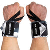 Two fists held up, wearing gray camo Rip Toned 18″ Wrist Wraps: Stiff and Flex with black thumb loops and black logo patches for bench press support.