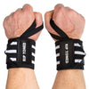 Two hands wear Rip Toned Wrist Wraps: Stiff and Flex in white, perfect for powerlifters needing wrist support during heavy lifts, thumbs in loops, against a white background.