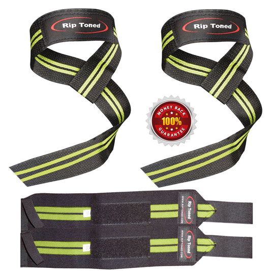 Green & Black Rip Toned wrist wraps and lifting straps combo.
