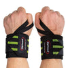 Rip Toned 18″ Wrist Wraps (Stiff) in green worn on a person’s hands for wrist support.