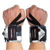 Two fists wearing gray camo stiff Rip Toned 18″ Wrist Wraps with black thumb loops for wrist support.